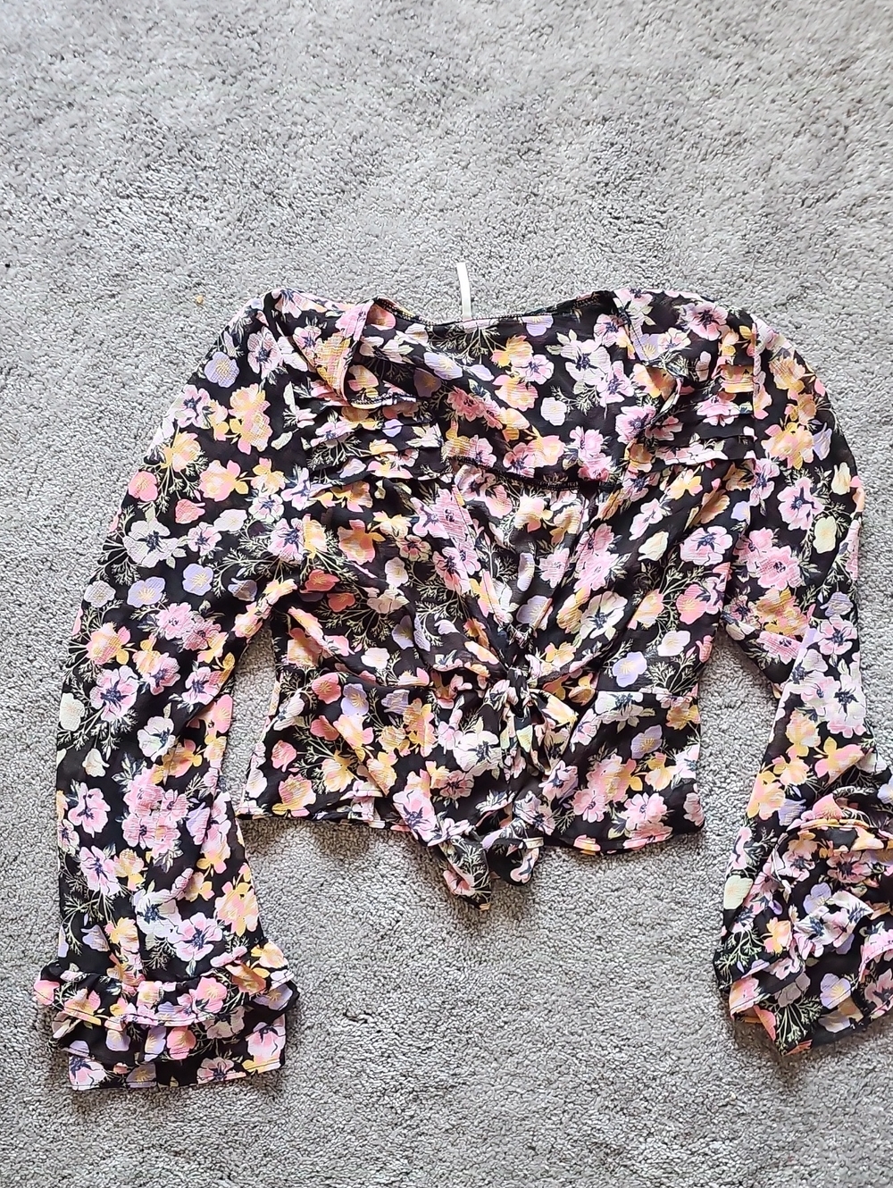 Free People Black Floral Tie-Front Long Sleeve Blouse